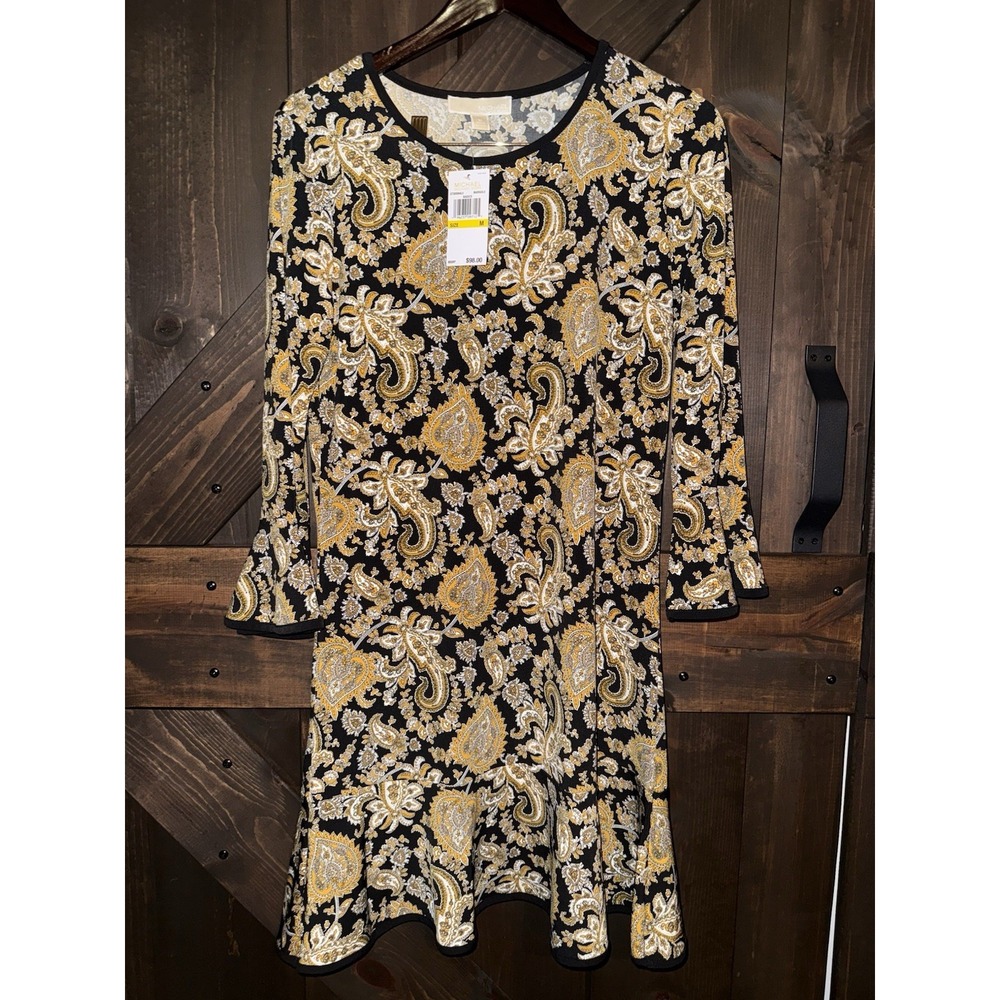 Michael Kors NEW Women's Dress Medium M Black Marigold Long Sleeve Paisley Shift